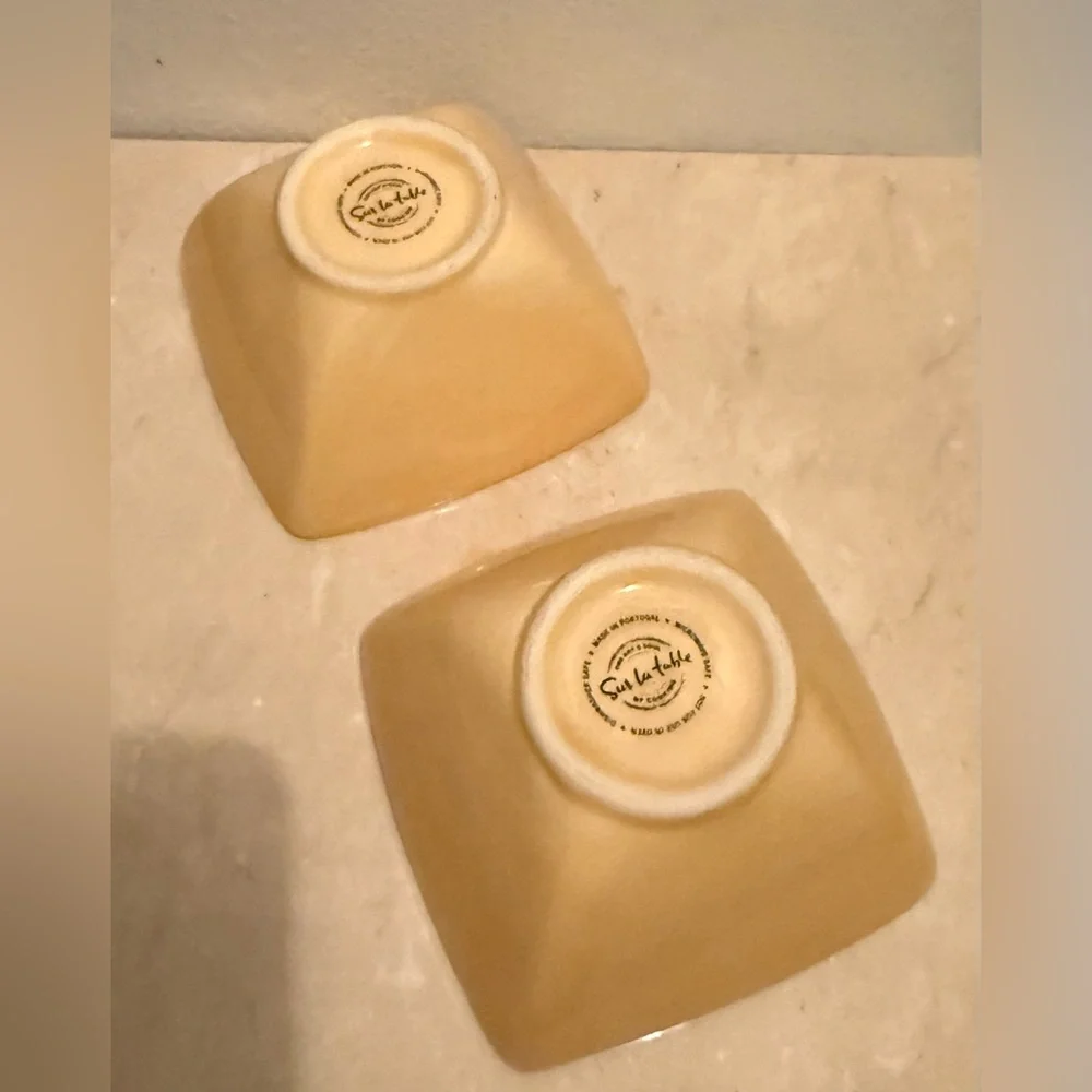 2 Sur La Table yellow 5” square bowls. New